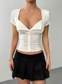 Flirla Femmes Blouse décontractée polyvalente quotidienne à couleur unie avec plis sur la poitrine et boutonnée, manches courtes, printemps/été