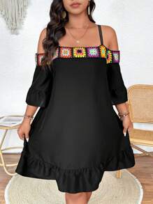 Breezaya Plus Size Women's Black Bohemian Crochet Lace Off Shoulder Spaghetti Strap 3/4 Sleeve Ruffle Hem Slim Knee-Length Dress, Spring/Summer