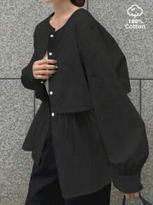 FRIFUL 女士纯色宽松休闲单排扣长袖衬衫，秋季 - 黑色 - 查看 1