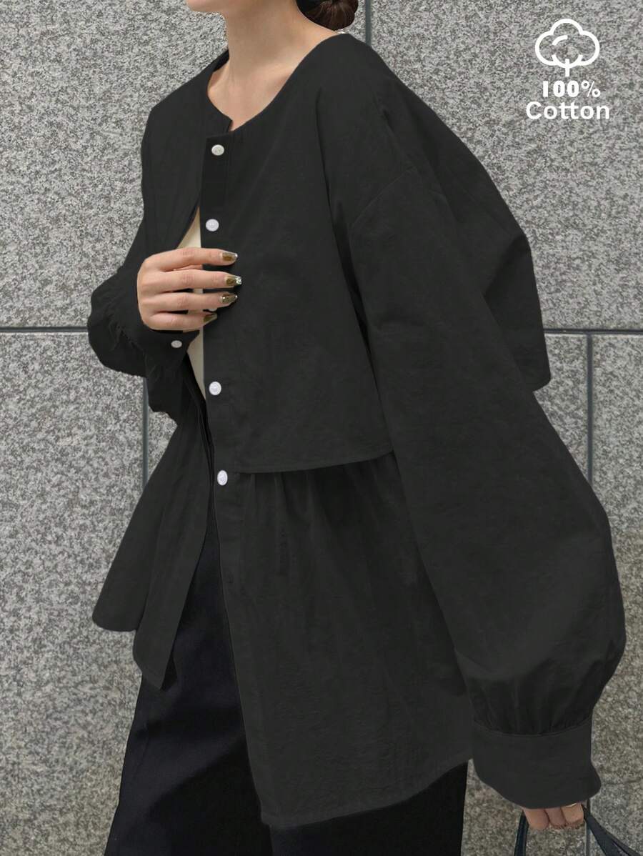 FRIFUL 女士纯色宽松休闲单排扣长袖衬衫,秋季 - 黑色 - 查看 1