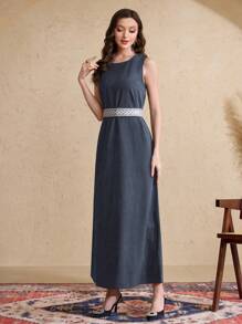 Al Najma 2 chiếc/bộ áo khoác cardigan dài in họa tiết chắp vá cho nữ và váy không tay - Màu xanh bụi bặm - Xem 3