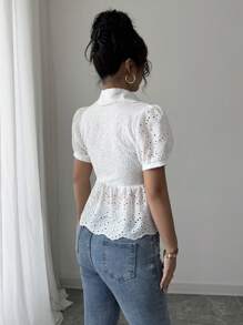 Gloray Hollow Puff Sleeve Wave Hem Elegant Office Lady Style Women Blouse, Summer