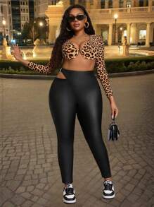Plus Size Women Asymmetrical Hollow Design Elastic Skinny Black Coated Leggings Fall Cloth For Women - Black - View 3