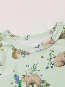 2pcs Baby Boy Casual Brown Bear Print Short Sleeve Top And Shorts Outfit Set Snug Fit Pajama", "Snug Fit" Snug Fit Pajama", "Snug Fit" Snug Fit Clothes Summer Summer Clothes - Green - View 3