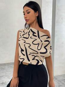 SHEIN Privé Blusa asimétrica con cuello estampado para mujer - Caqui - Ver 3