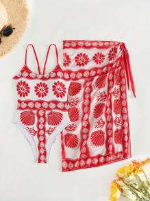 SHEIN Swim Maillot de bain une pièce pour femme à l'impression rétro positionnée régulièrement pour l'été - Multicolore - Voir 4