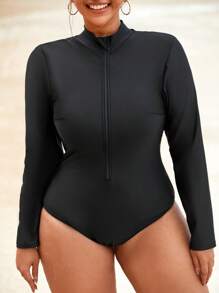 Plus Size Zipper Solid Color Long Sleeve Fitted Simple Stylish Casual Rash Guard For Summer Beach Vacation - Black - View 6