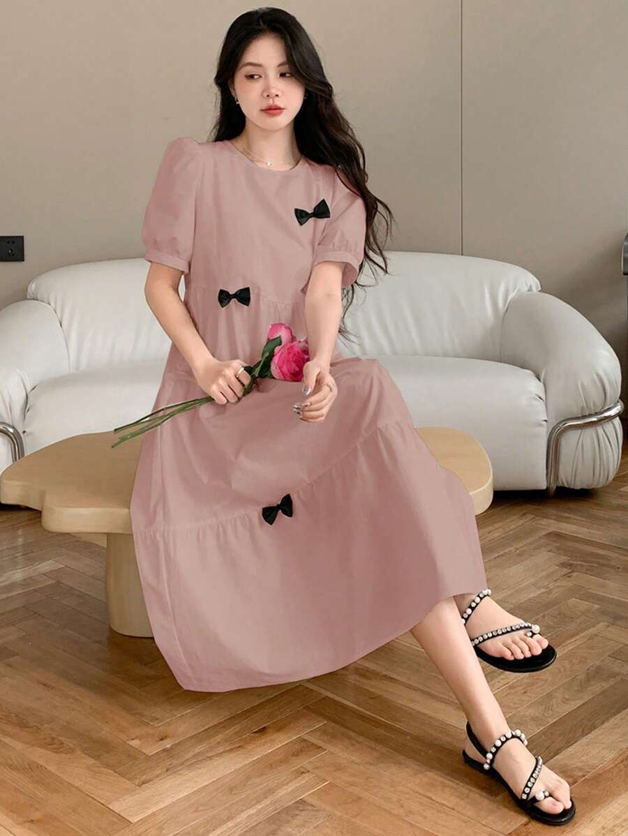 DAZY Ladies' Butterfly Decor Round Neck Short Puff Sleeve Ruffle Hem A-Line Dress, Back To School Formal Dress Sundress - Pink - View 1