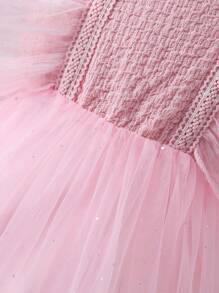 1 Stück Kleinkind Mädchen Mode elegantes, süßes, niedliches Rüschen Jacquard Mesh Puffärmel Kurzarm Pink Peplum Kleid, geeignet für Gastgeber, Aufführungen, Partys und weitere Anlässe - Pink - Übersicht 7