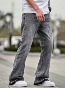 Manfinity Homme Men's Simple Pocket Straight Leg Flare Jeans, Casual Everyday Wear - Grey - View 4