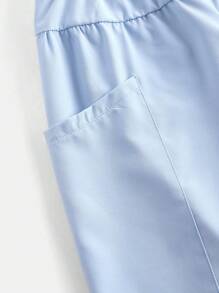 SHEIN Tween Girls Blue Solid Color Loose Comfortable Versatile Sporty Casual Running Outdoor Elegant High Waist Elastic Waist Snug Fit Full Length Pants, All-Match Style Joggers Cargo Pants