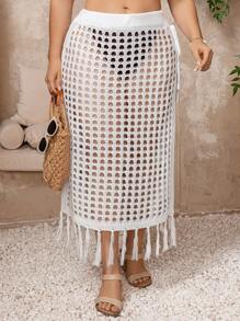 SHEIN Swim Curve Plus Size Ladies Beach Resort Style Drawstring Tassel Hollow Out Skirt For Summer Beach Vacation - White - View 4