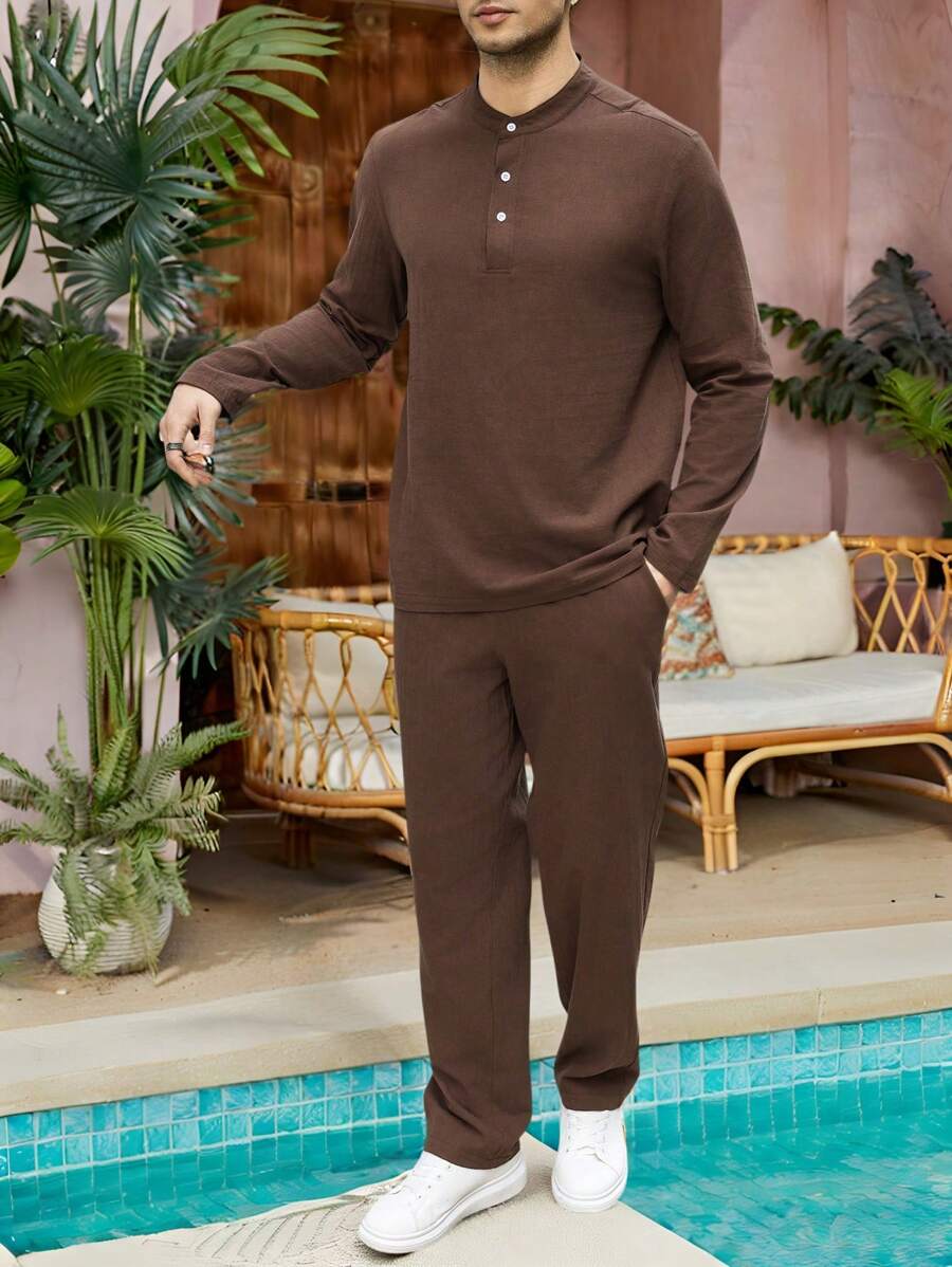 Manfinity Homme 男士纯色纽扣长袖衬衫和抽绳腰休闲裤套装，秋季