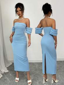 Rafferiza 女士无袖优雅露肩连衣裙婚礼情人节约会婚礼毕业生日春季抹胸连衣裙蓝色可爱性感针织高弹紧身褶皱中背开衩2025夏季新款长裙 - 藍色 - 查看 3