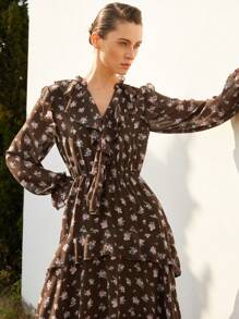 Aveloria Modichic Fashionable Ditsy Floral V-Neck Ruffled Waist Long Sleeve Dress With Elastic Cuffs, Brown Base With Pink Flowers