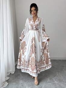 Elenzga Women's New Fashion Palace Retro Print Dress, High-End Retro Palace French Wrap Style V-Neck Waist Gathering Flared Long Lantern Sleeve Lightweight Luxurious Casual Elegant Resort Fit And Flared Dress Fall Cloth For Women