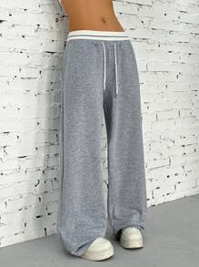 SHEIN EZwear Quần dài thể thao ống rộng phối màu cạp rút cho nữ - Màu Xám nhạt - Xem 3