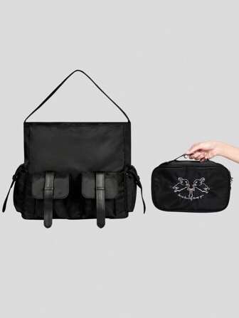 Grunge Punk Set da 2 pezzi con borsa a spalla e beauty case ricamata con coniglietto di Pasqua, borsa da shopping in stoffa Oxford di moda versatile, idea regalo