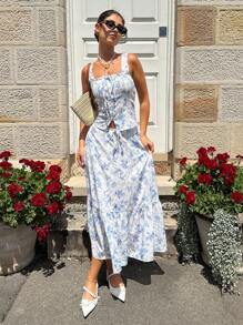 SHEIN Essnce 2 Pieces Set: Ditsy Floral French Style Camisole And A-Line Skirt For Women, Spring/Summer