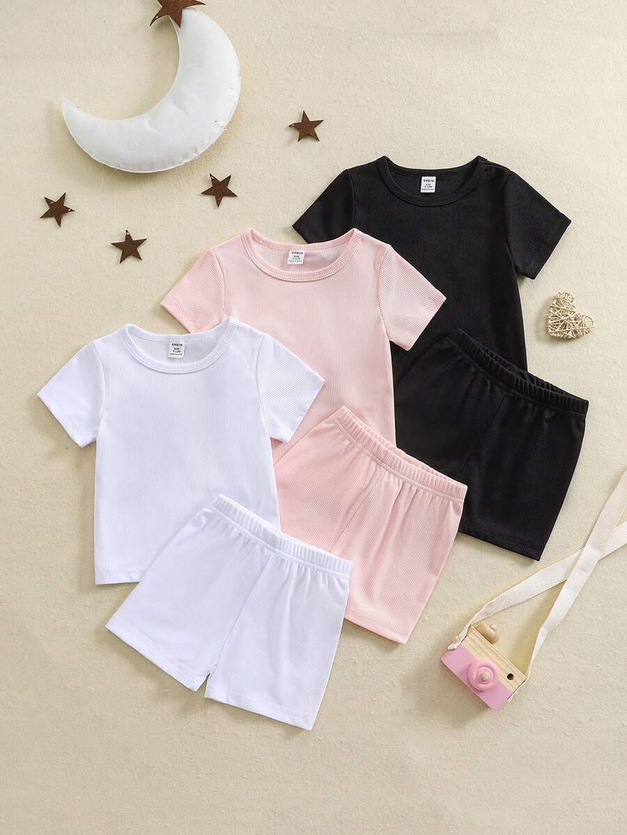 3-Piece Baby Girl Spring/Summer Knit Round Neck Short Sleeve Top And Shorts Outfit Set, Multi-Color Combination Home Wear - Multicolor - View 1
