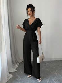 Elenzga 女士纯色 V 领褶皱腰休闲连体裤 - 黑色 - 查看 6