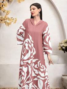 Seusyu Women Floral Print Long Sleeve Hooded Casual Arabian Dress,Modest - Pink - View 3