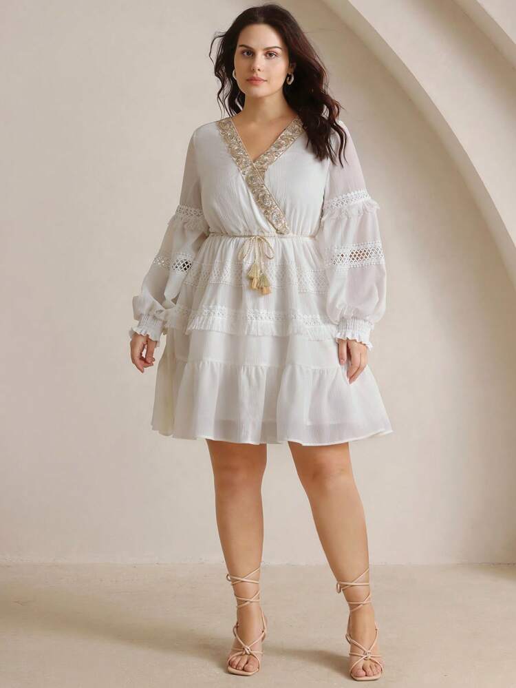 Plus Size Women Overlapping V-Neck Long Sleeve Contrast Lace Mini Dress, Elegant, Spring, Festival, Vacation, Boho