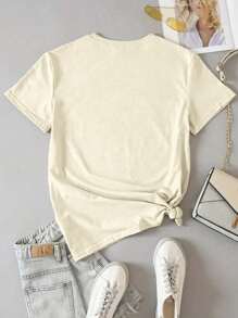 SHEIN LUNE Áo thun in chữ và hình con hổ phong cách phương Tây cỡ lớn - Màu be - Xem 2