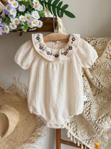 Vintaside Kids Baby Girl Floral Embroidery Ruffle Collar Short Puff Sleeve Cute Bodysuit - Beige - View 1