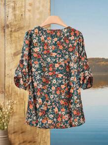 EMERY ROSE Blusa de manga abultada con estampado floral diminuto para vacaciones