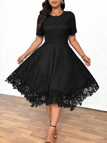 SHEIN Clasi Vestido negro casual con textura, vestido con encaje negro, vestido de punto de manga corta de verano delgado con encaje, vestido de punto a línea midi con cuello alto y cintura, vestido midi de encaje estilo francés
