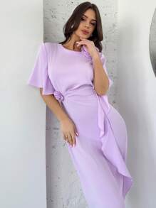 Firerie Vestido corto de manga corta, de cintura alta y corte evasé, en color rosa-púrpura, con volantes y estampado floral, elegante y romántico, ideal para el Día de San Valentín, el Ramadán o de vacaciones