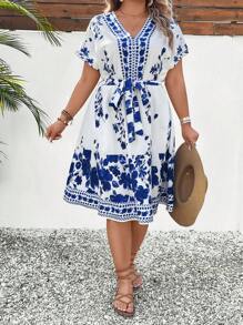 Breezaya 大码花朵蝴蝶袖腰带系腰短款优雅度假休闲连衣裙 - 彩色 - 查看 4