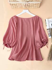 EMERY ROSE 大码女士优雅通勤衬衫，淡粉色，圆领，灯笼袖，蝴蝶结袖口，猫眼纽扣细节，特殊条纹纹理面料，夏季 - 粉色 - 查看 2