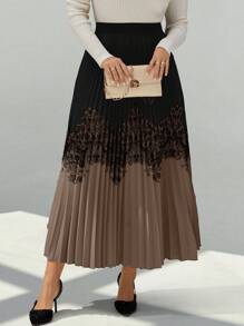 SHEIN Unity Plus Size Elegant Contrast Color Patchwork Retro Print Pleated A-Line Skirt, Autumn Women Skirt