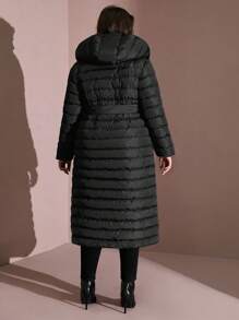 EURMUSE Women's Plus Hooded Longline Puffer Thick Pockets Belted Buttoned Winter Coat