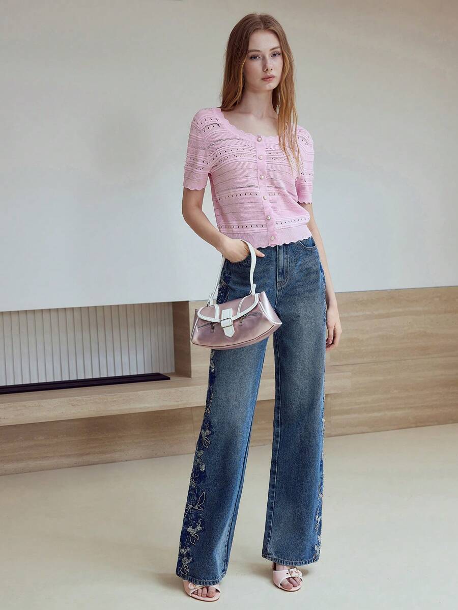 MOTF STUDIO BUTTON UP HOLLOW OUT SWEATER - Pink - View 1