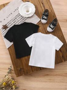 SHEIN 2 件套婴儿/男婴休闲百搭黑白 T 恤，带有简单的字母印花，适合夏季穿着，适合所有场合 - 彩色 - 查看 2
