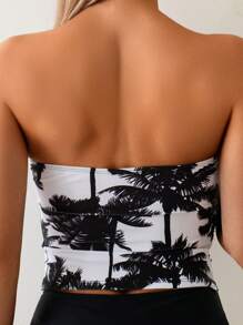 Swim Lushoire Springbreak 2025 New Women 2pcs Set Random Palm Tree Print Tube Top & Black Swimwear Shorts, Beach Vacation Casual Summer Ladies Tankini Swimwear Set