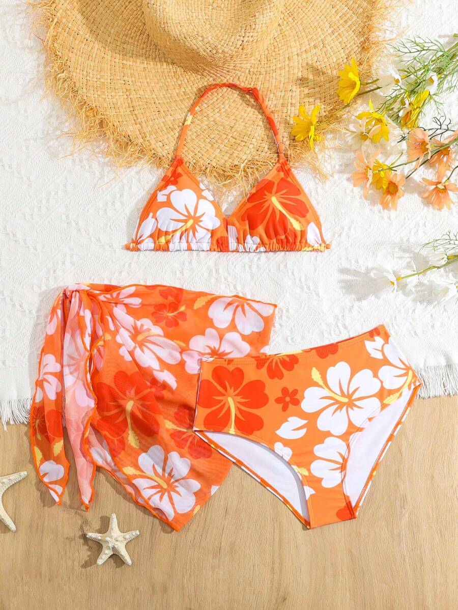 Tween Girl Summer Beach Floral Printed Halter Bikini Set With Cover Up Skirt Bathing Suit Tween Girl Swimming, Tween Girl Beachwear - Multicolor - View 1