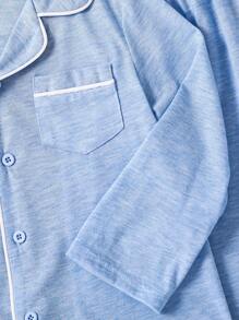 SHEIN Young Boy Solid Color Patchwork Button-Front Long Sleeve Top And Pants Pajamas Set - Mint Blue - View 4