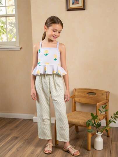 SHEIN Summer Girls 2Pcs Outfit: Sleeveless Top With Tulip Floral Print & Ruffle Hem, Paired With Green Web Texture High Waist Straight Pants, Casual & Chic Style For Outdoor Activities