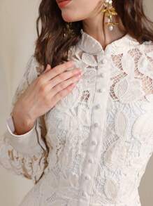 Anewsta 奢华牛奶丝可溶解刺绣迷你连衣裙，女士优雅休闲春季服装 - 杏色 - 查看 7