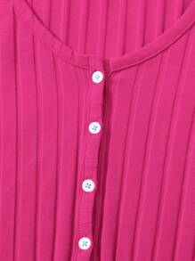 SHEIN EZwear Buttoned Front Lettuce Trim Rib-knit Top - Hot Pink - View 5