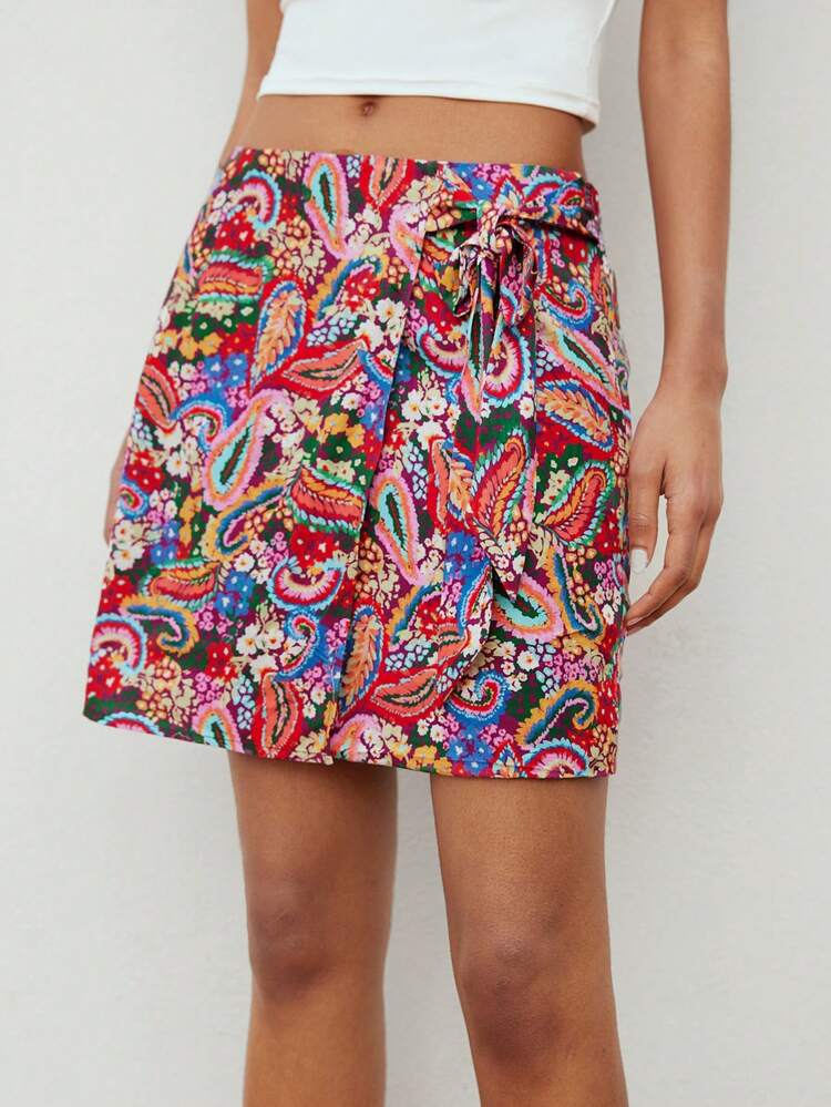 SHEIN Maija Tie-Wrap Printed Design Sense Mini Skirt For Women, Comfortable & Versatile, Suitable For Spring/Summer, Beach, Vacation, , Festival, Bohemian Music Festival