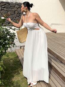 Sunnyshic Plus Size Romantic Vacation Pleated Backless Halter Dress - White - View 4