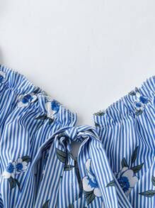 SHEIN Unity 大码女式条纹碎花系带吊带连衣裙、度假风格太阳裙 - 藍色 - 查看 5