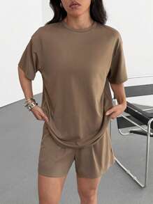 SHEIN EZwear 棕色针织基本款休闲宽松T恤套装
