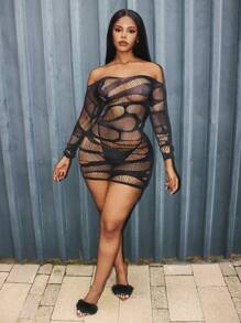 BamGleam Blusa de mujer de manga larga con hombros descubiertos, ajuste ceñido, de unicolor, con detalles de malla sexy