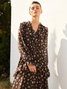 Aveloria Modichic Fashionable Ditsy Floral V-Neck Ruffled Waist Long Sleeve Dress With Elastic Cuffs, Brown Base With Pink Flowers